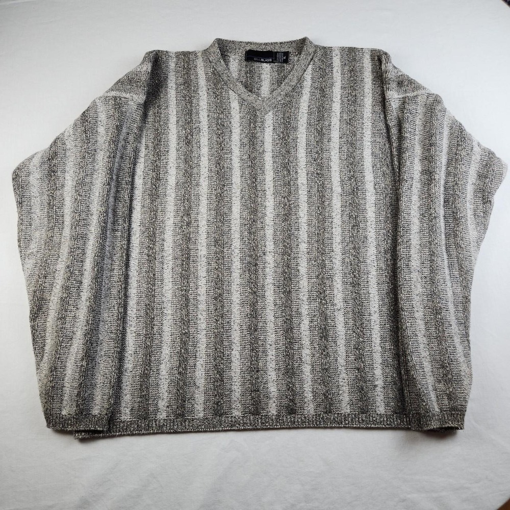 Vintage Bill Blass 90s Geometric 3D Raised Stripe Sweater Grey White XL USA Made